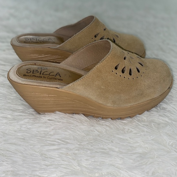 Sbicca Shoes - Sbicca Boho tan suede handmade in California clogs 3" wedge